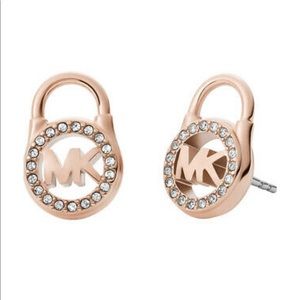 Michael KORS Padlock Crystal Halo Surrounds MK Logo Gold Tone Stud Earrings
